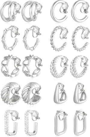 10 Pairs Clip on Hoop Earrings for Women Men Twist Round CZ Chunky Hoop Clip Earring No Piercing Fake Earrings Sets Gold Silver Tone