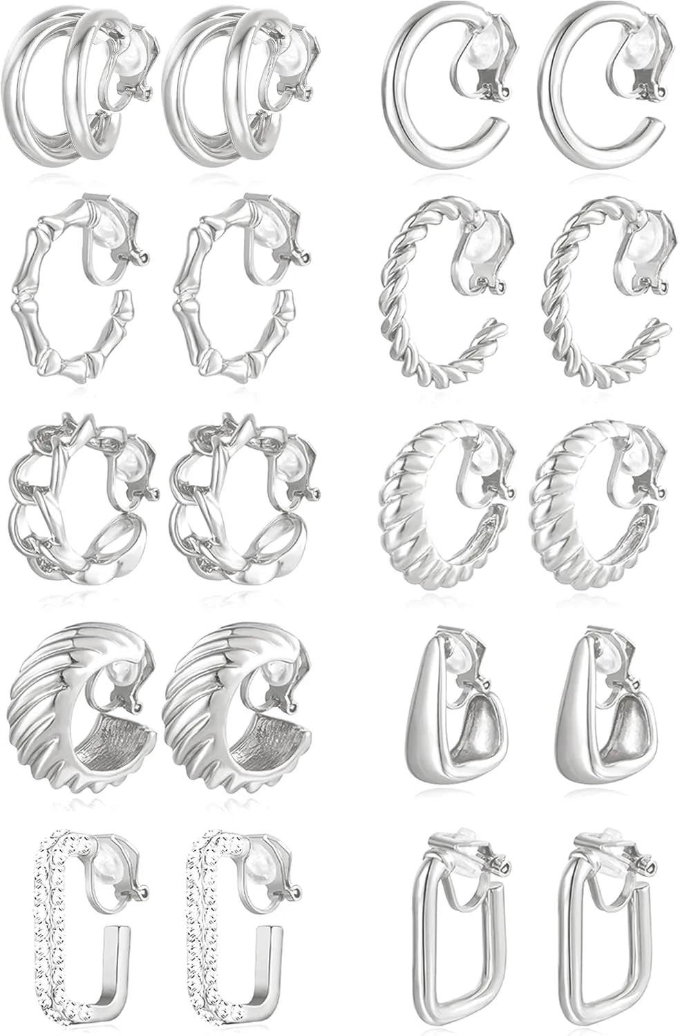 10 Pairs Clip on Hoop Earrings for Women Men Twist Round CZ Chunky Hoop Clip Earring No Piercing Fake Earrings Sets Gold Silver Tone