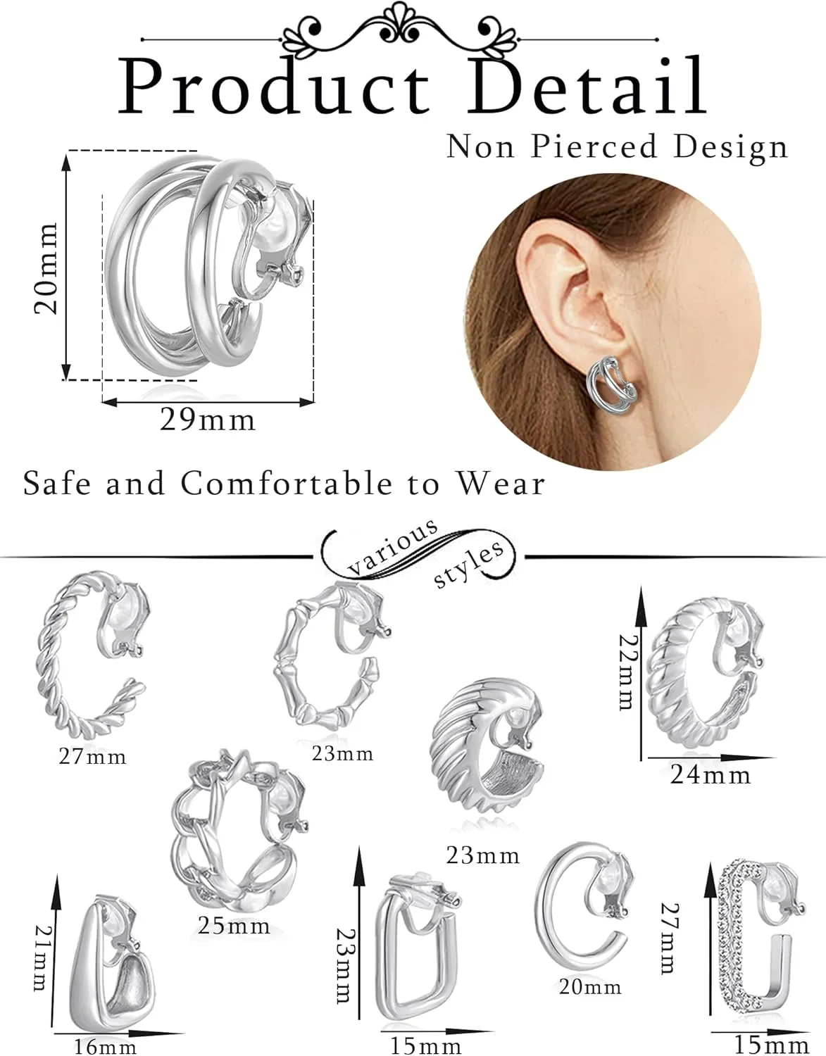 10 Pairs Clip on Hoop Earrings for Women Men Twist Round CZ Chunky Hoop Clip Earring No Piercing Fake Earrings Sets Gold Silver Tone