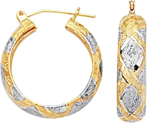 10k 2 Tone White And Yellow Gold Diamond Cut Textured Round Hoop Earrings, Diameter 22mm