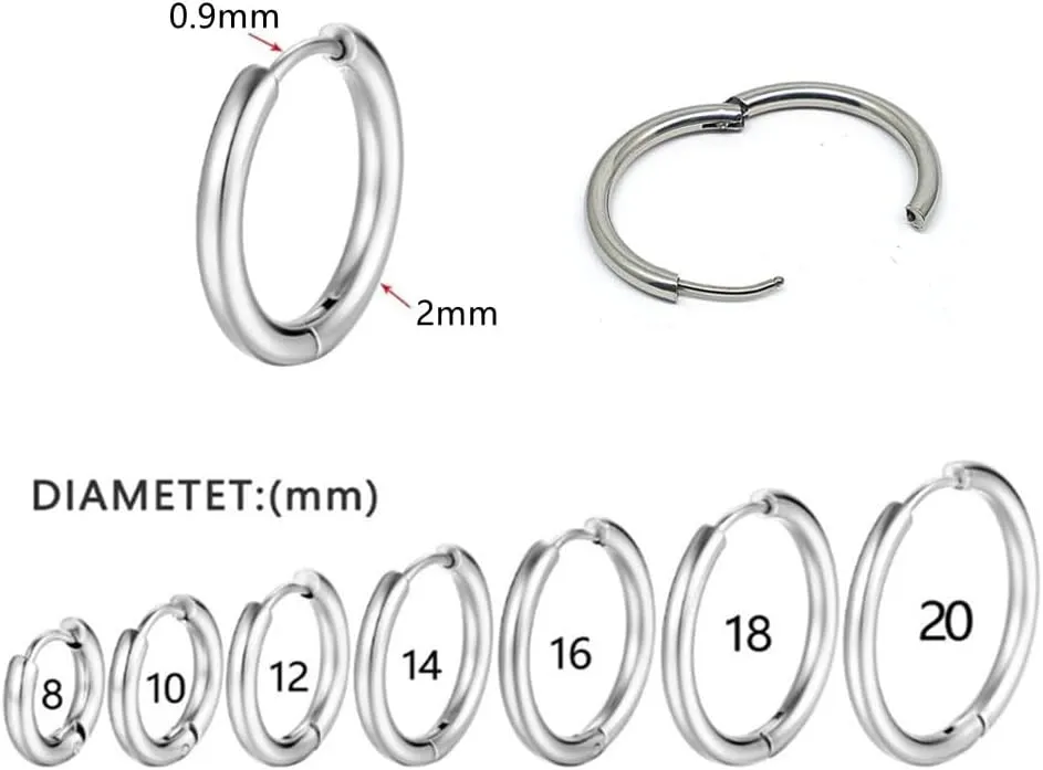 10mm 12mm 14mm 16mm Hypoallergenic Earrings Hoop Cartilage Hinged Sleeper Earrings 316L Surgical Stainless Steel Huggie Hoop Earrings For Men Women