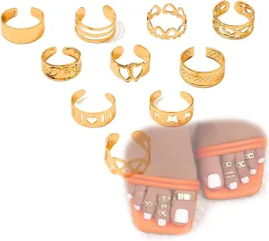 10pcs 14K Gold Plated Adjustable Toe Rings for Women, Boho Summer Beach Open Toe Rings Set Flower Leaf Tail Pinky Band Rings Barefoot Foot Jewelry Set