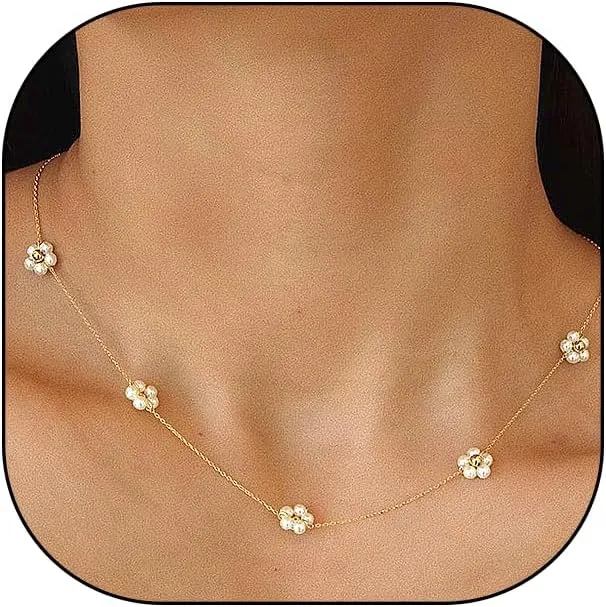 14K Gold Pearls Flower Choker Necklaces, Minimalist Short Collarbone Thin Chain Link Necklaces, Adjustable Dainty Jewelry Gifts for Women