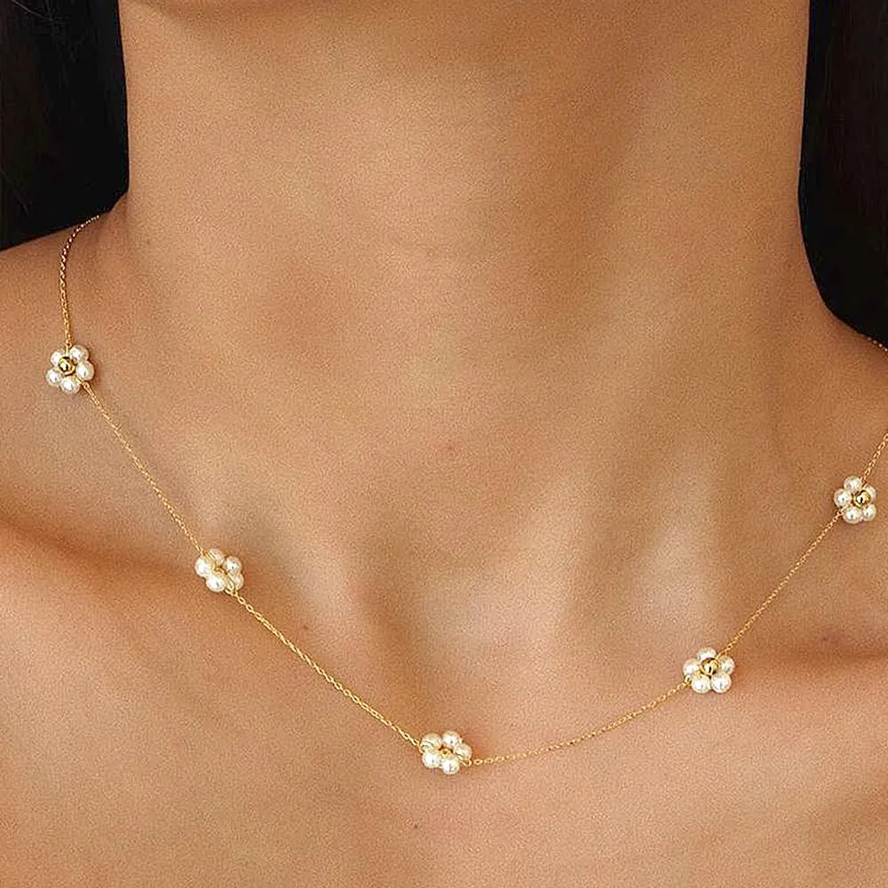 14K Gold Pearls Flower Choker Necklaces, Minimalist Short Collarbone Thin Chain Link Necklaces, Adjustable Dainty Jewelry Gifts for Women