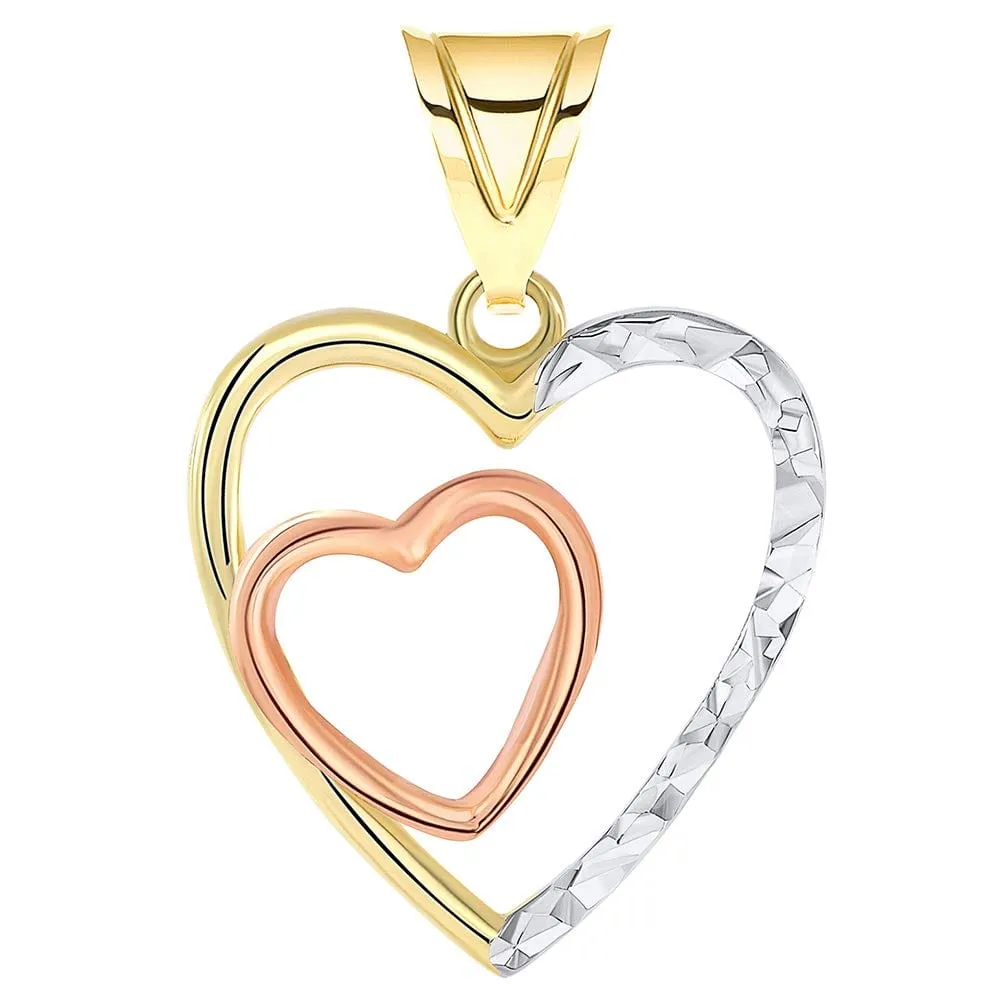 14k Yellow and Rose Gold Textured Tri-Tone Double Open Heart Pendant with Curb Chain Necklace