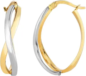 14K Yellow And White Gold Double Criss Cross Hoop Earrings