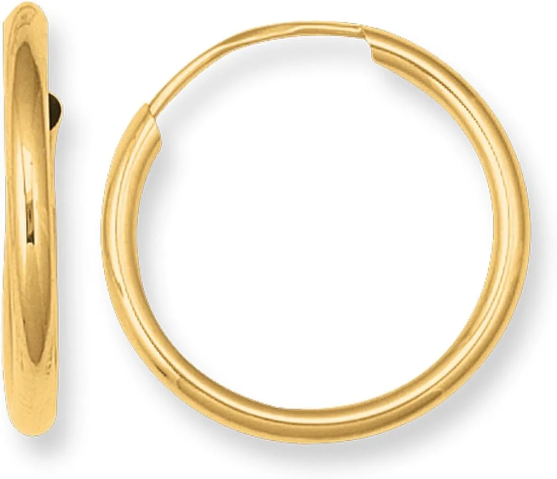 14K Yellow Gold 2MM Shiny Round Tube Hoop Earrings