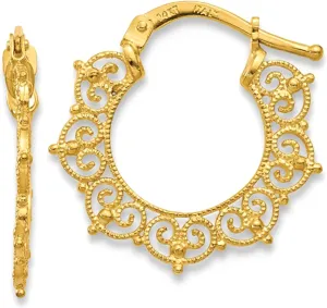 14K Yellow Gold High Polished Fancy Pattern Filigree Hoop Earrings