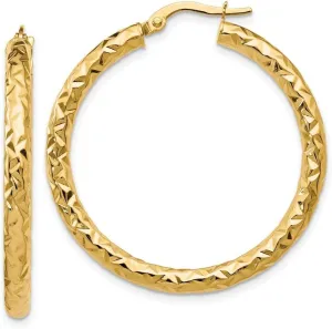 14k Yellow Gold Hinged hoop Foreverlite Polished and Textured-Hoop Earrings 34x29.5mm Wide 3mm Thick-Hoop Earring for Women