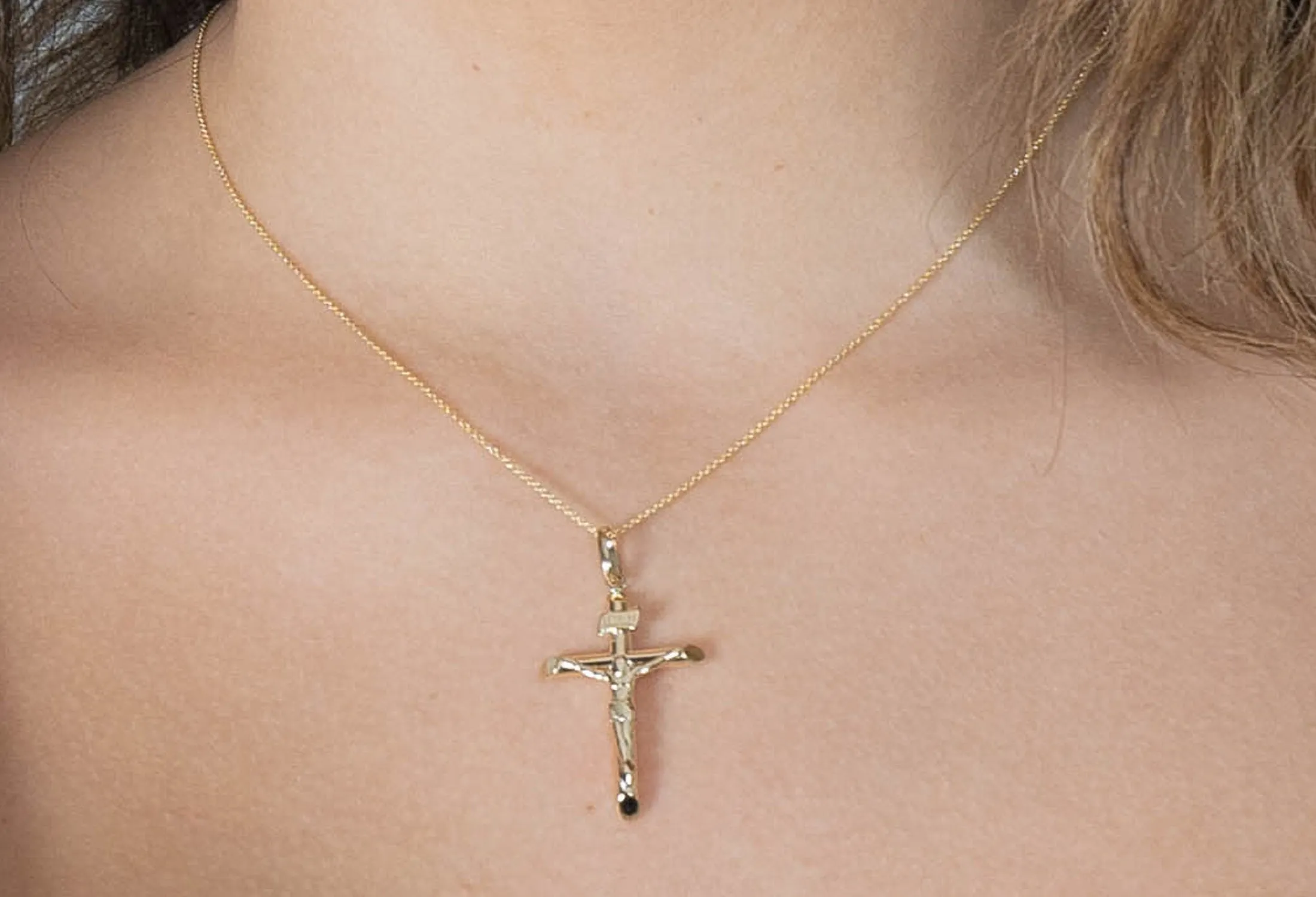 14k Yellow Gold INRI Tubular Cross Charm Traditional Roman Catholic Crucifix Pendant