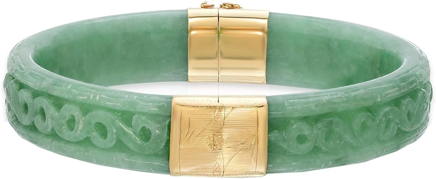 14K Yellow Gold Real Jade Hand Carved Bangle Bracelet