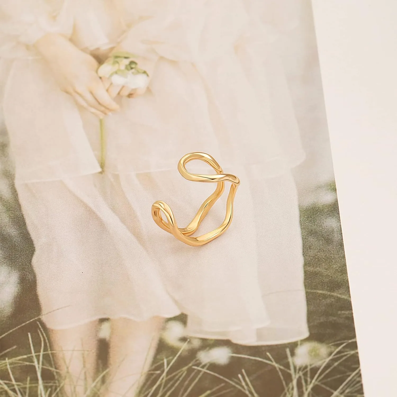 18k Gold Adjustable Circle Ring, Simple Link Chain Knuckle Rings CZ, Fashion Stacking Finger Jewelry
