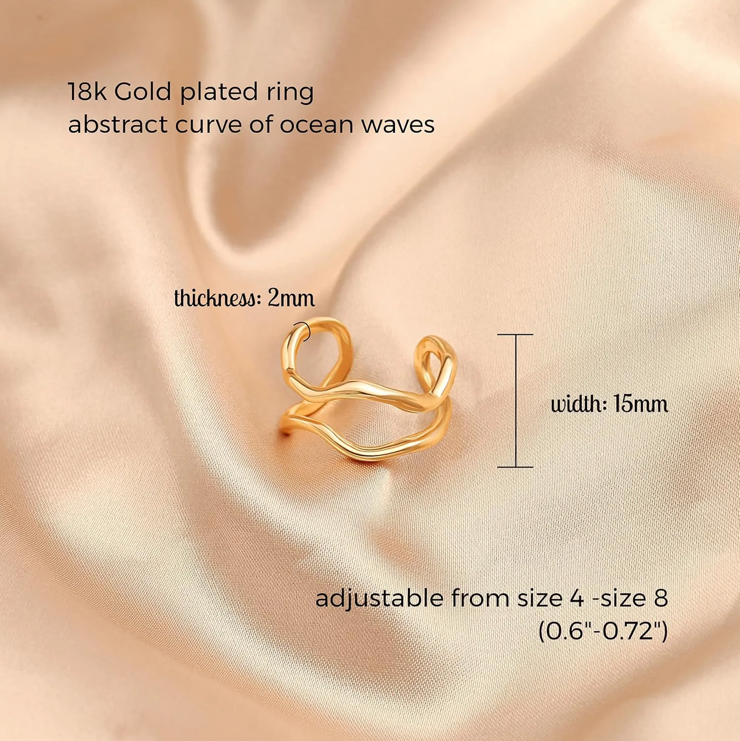 18k Gold Adjustable Circle Ring, Simple Link Chain Knuckle Rings CZ, Fashion Stacking Finger Jewelry