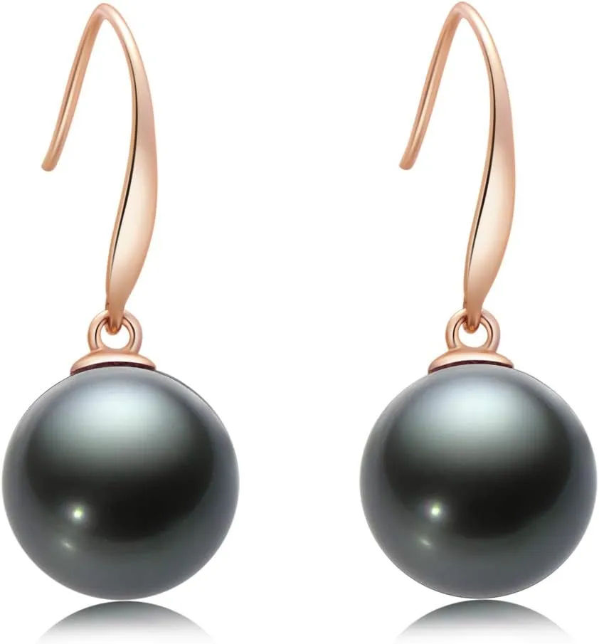 18K Gold Black Pearl Dangle Earrings 8-9mm Genuine Tahitian Cultured Pearls Drop Ear Hook Dangle Earrings Vintage Jewelry for Women