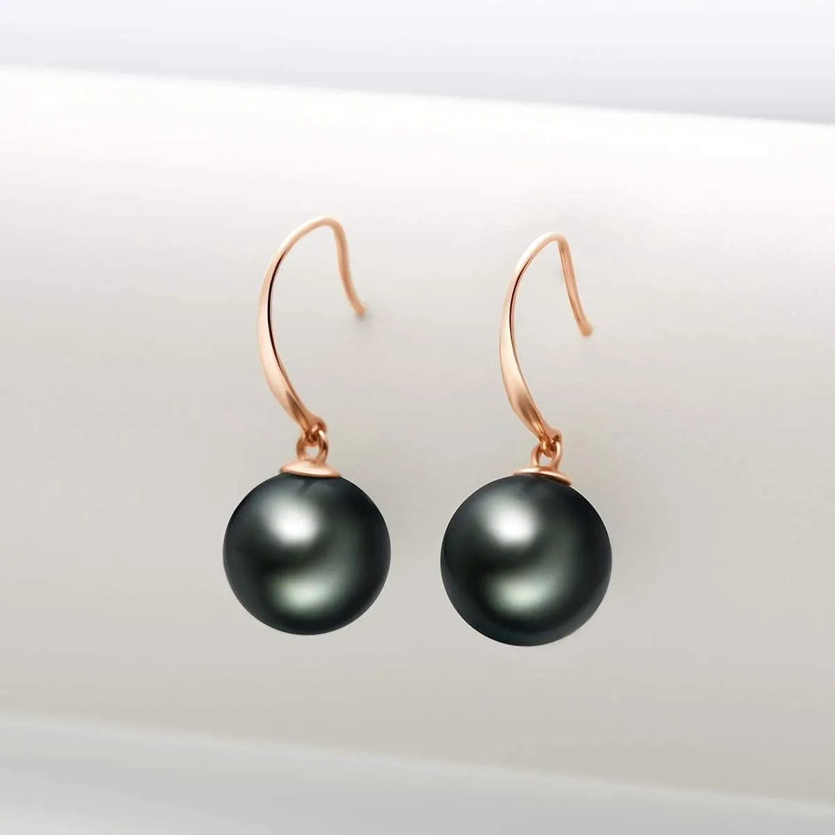 18K Gold Black Pearl Dangle Earrings 8-9mm Genuine Tahitian Cultured Pearls Drop Ear Hook Dangle Earrings Vintage Jewelry for Women