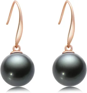 18K Gold Black Pearl Dangle Earrings 8-9mm Genuine Tahitian Cultured Pearls Drop Ear Hook Dangle Earrings Vintage Jewelry for Women