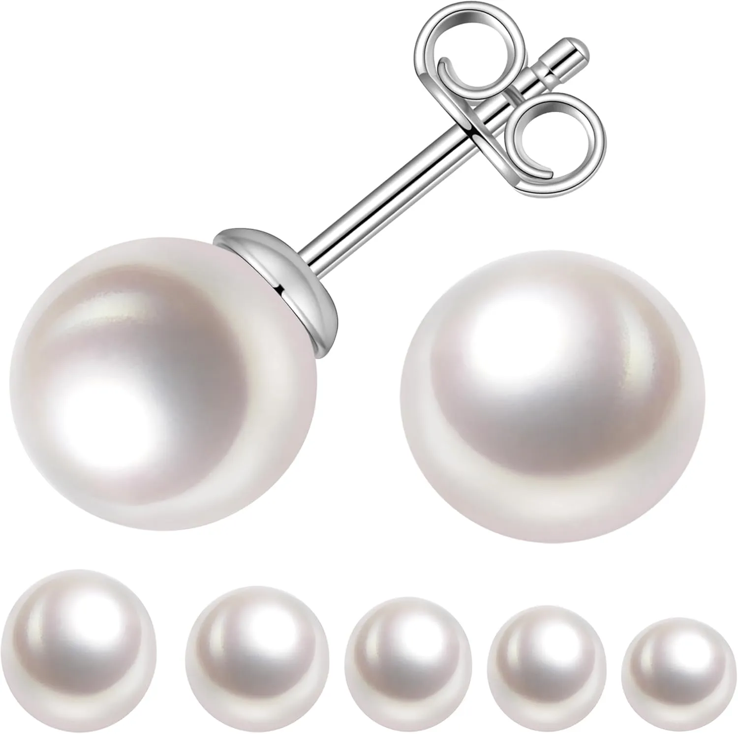 18K Gold Plated Round White Freshwater Cultured Pearl Earrings Studs for Women