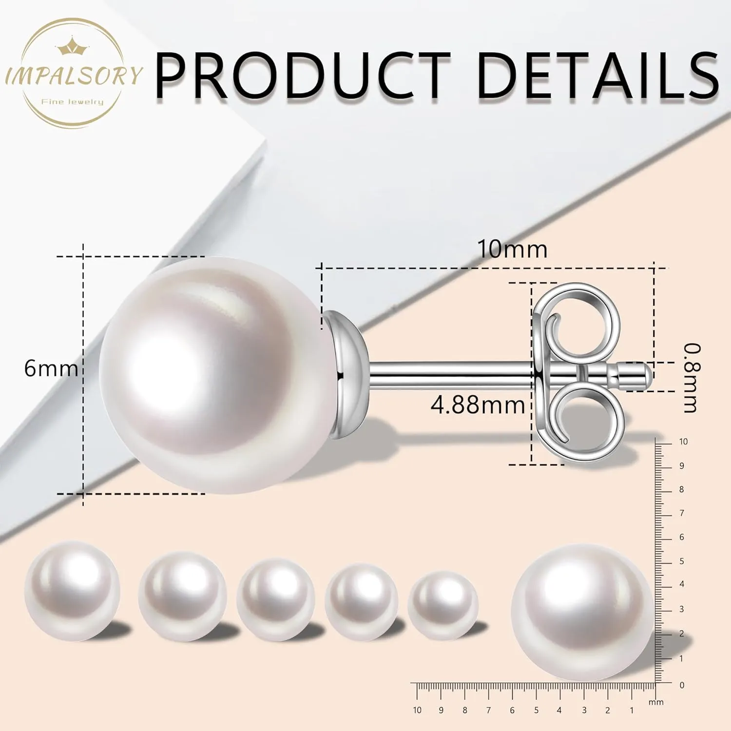 18K Gold Plated Round White Freshwater Cultured Pearl Earrings Studs for Women