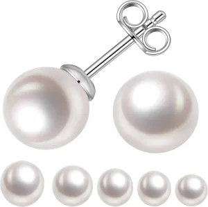 18K Gold Plated Round White Freshwater Cultured Pearl Earrings Studs for Women