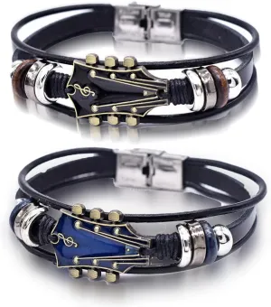 2 Set Retro Faux Leather Guitar Bracelet, Zinc Alloy Rock Music Guitar Genuine Leather Bracelet, Punk Guitar Bracelet for Men, Guitar Handmade Braided Multi-Layer Wrap Bracelet