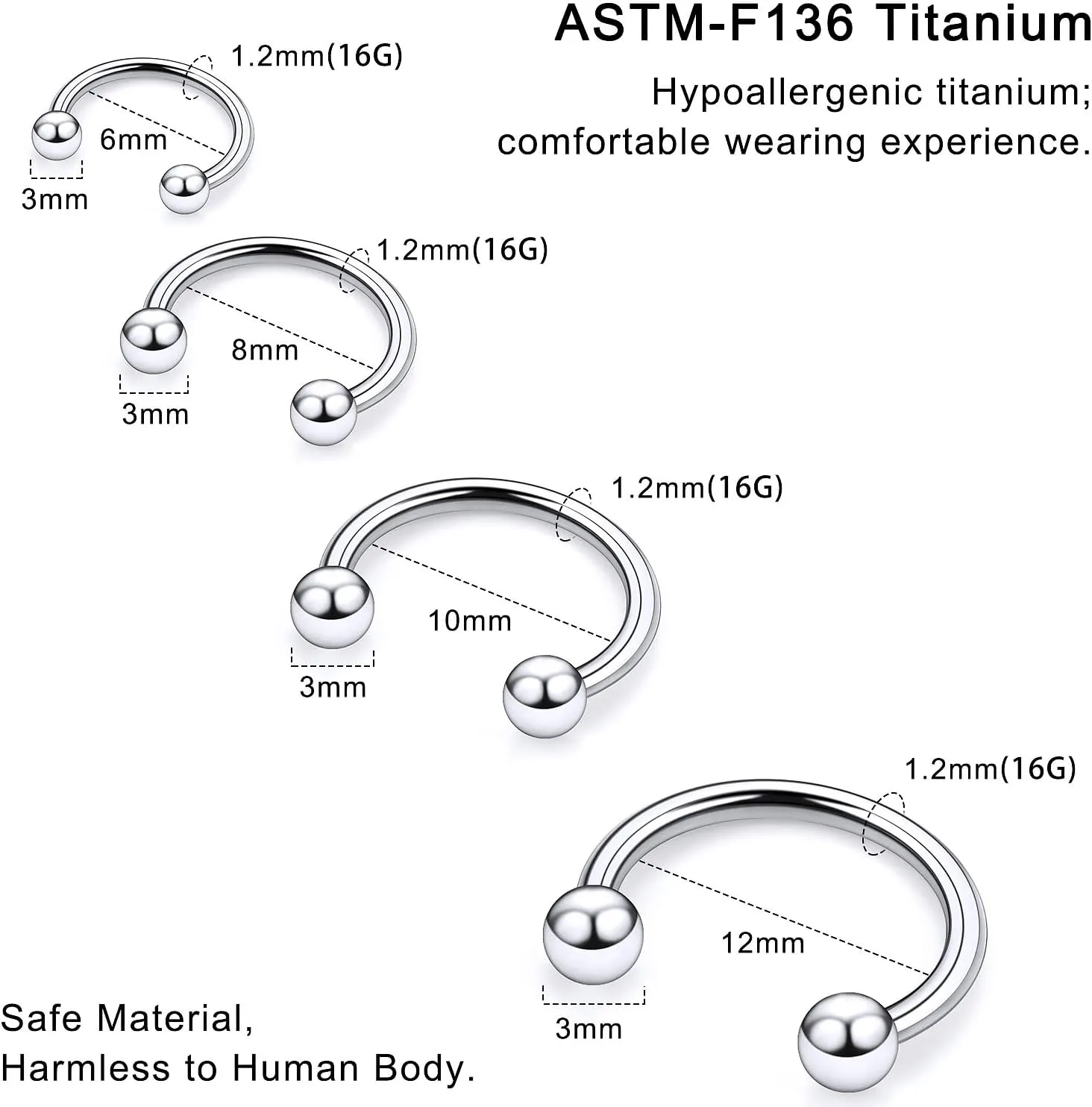 20G 18G 16G 14G 12G ASTM F136 Titanium Horseshoe Septum Nose Ring Piercing Jewelry Circular Barbell Helix Snug Tragus Rook Daith Cartilage Earring Lip Ring Hoop Piercing Jewelry for Women Men