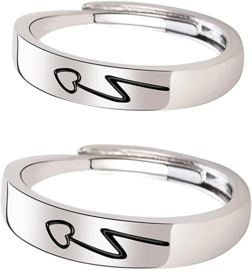 2Pcs Adjustable Couple Finger Rings Heart Design Jewelry for Lovers Comfortable Matching Wedding Bands for Him and Her