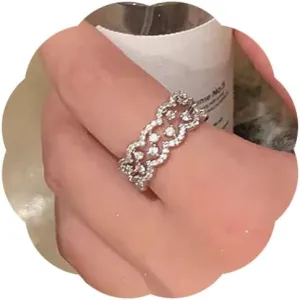 2Pcs Cubic Zirconia Rings for Women Sparkly Rhinestones Statement Rings Dainty Elegant Silver Simulated Diamond Stacking Ring Cute Adjustable Open CZ Wave Ring Fashion Birthday Christmas Gift