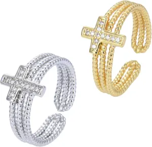 2pcs Diamond-set Zircon Cross Knuckle Rings Adjustable Open Statement Rings for Index Finger