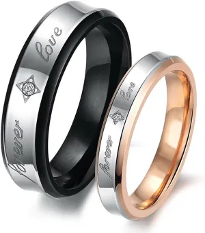 2pcs Forever Love Stainless Steel Cz Couple Rings Wedding Promise Jewelry Black & Rose Gold Tone
