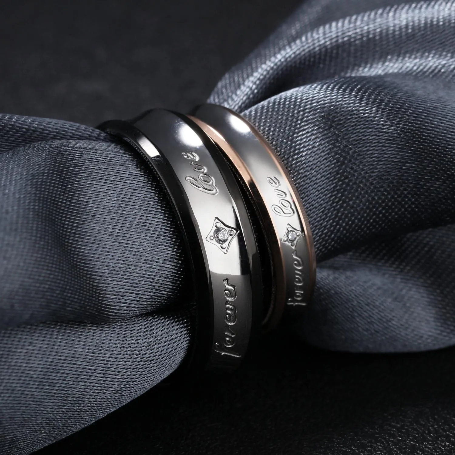 2pcs Forever Love Stainless Steel Cz Couple Rings Wedding Promise Jewelry Black & Rose Gold Tone