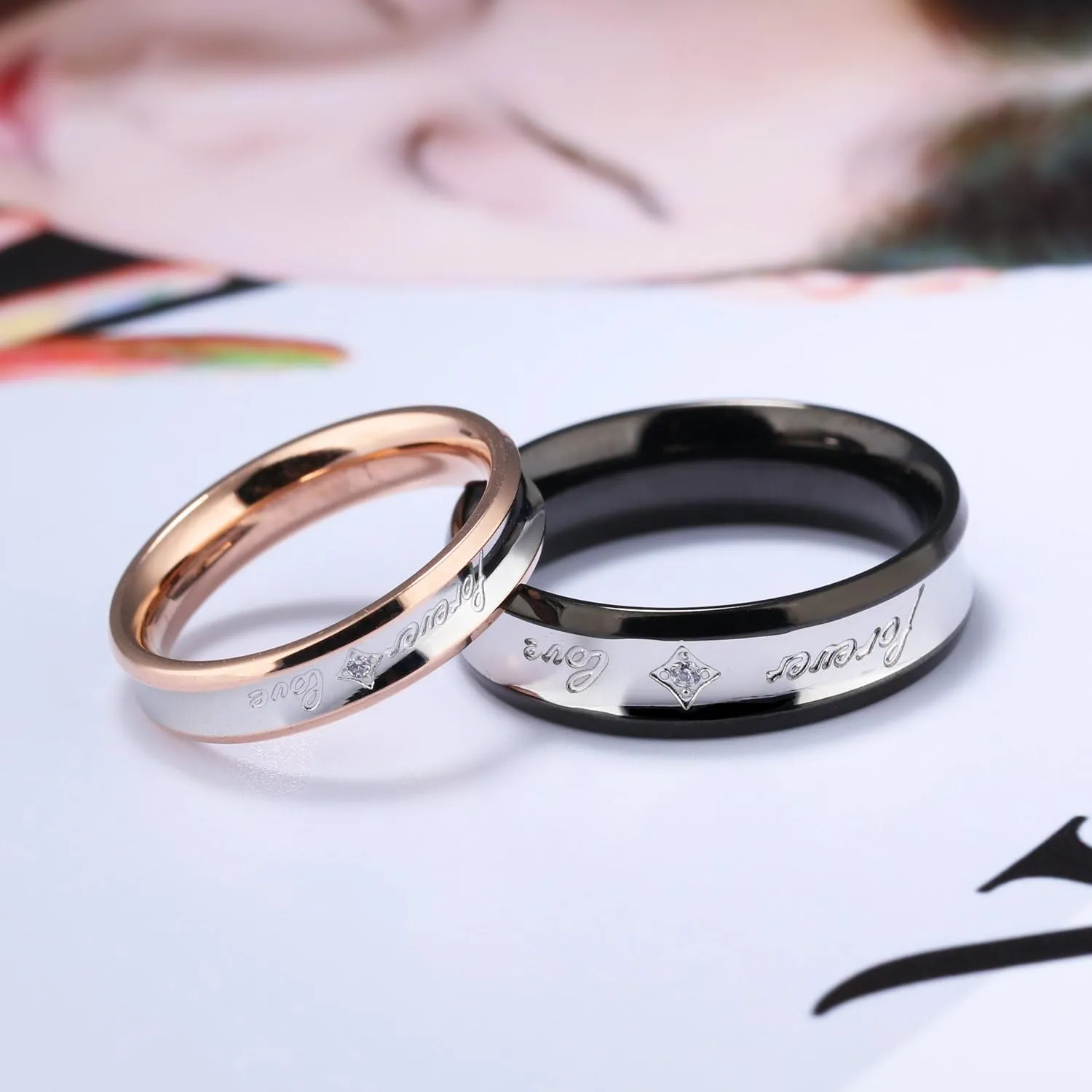 2pcs Forever Love Stainless Steel Cz Couple Rings Wedding Promise Jewelry Black & Rose Gold Tone