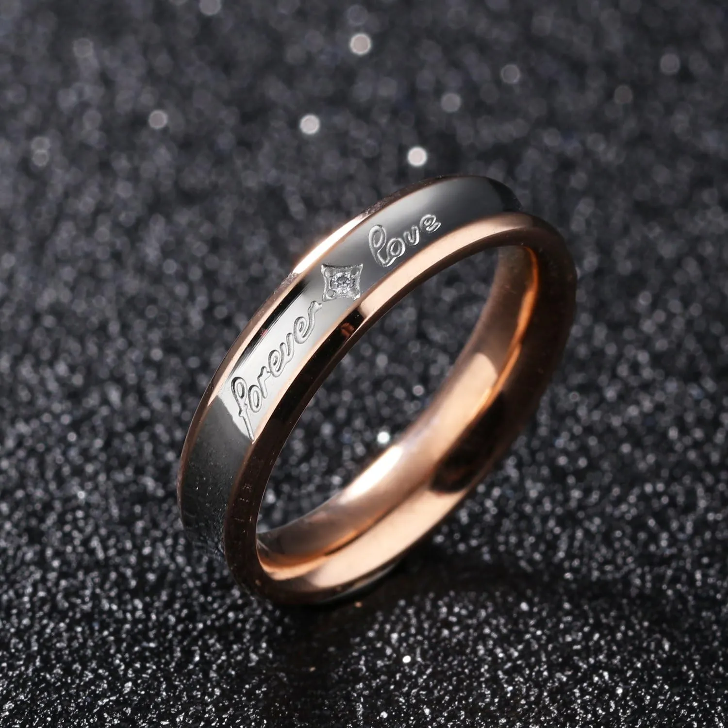 2pcs Forever Love Stainless Steel Cz Couple Rings Wedding Promise Jewelry Black & Rose Gold Tone