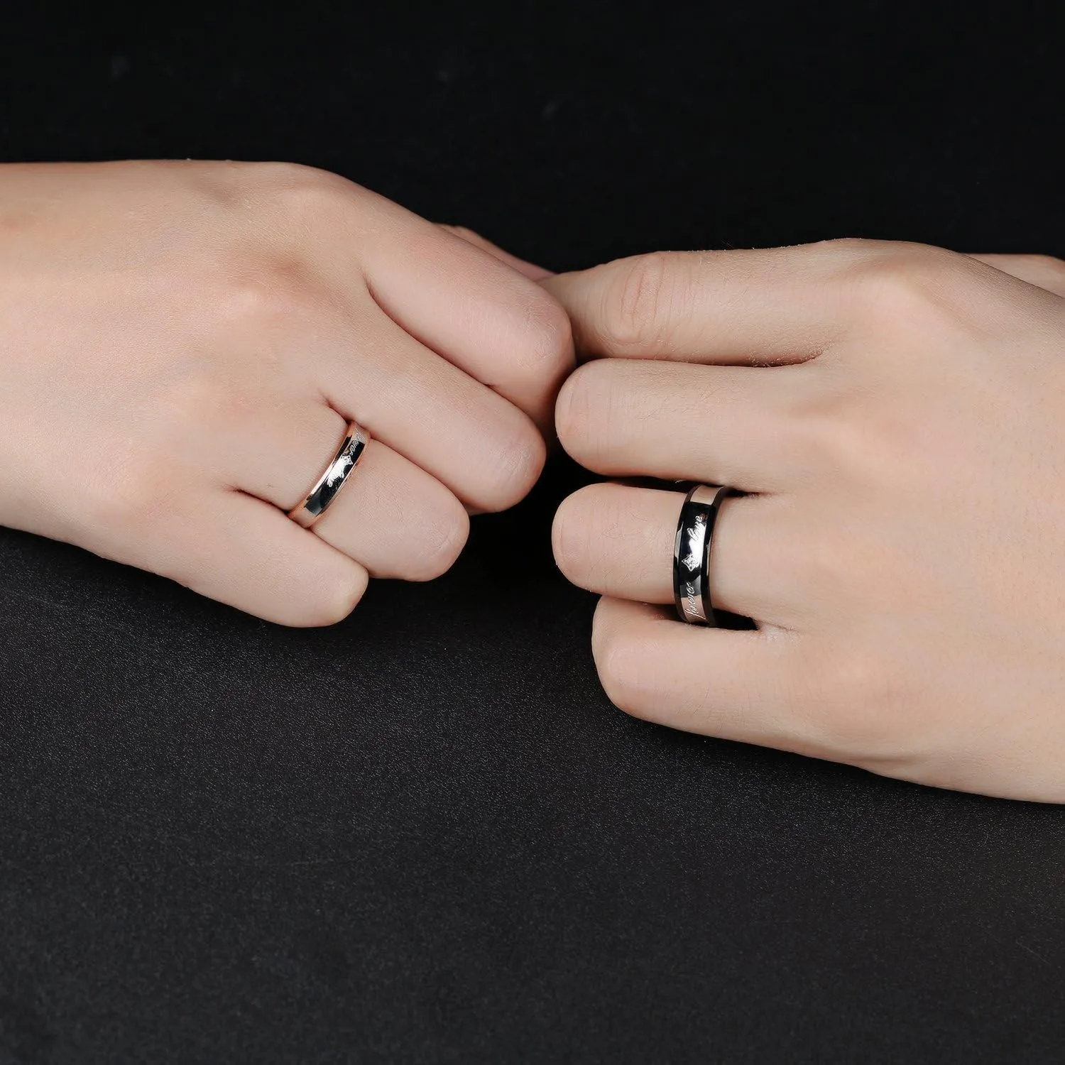 2pcs Forever Love Stainless Steel Cz Couple Rings Wedding Promise Jewelry Black & Rose Gold Tone