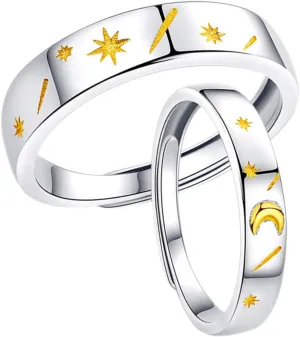 2Pcs Minimalist Open Adjustable Couple Promise Rings Creative Moon and Star Design Valentine Day Present for Him and Her