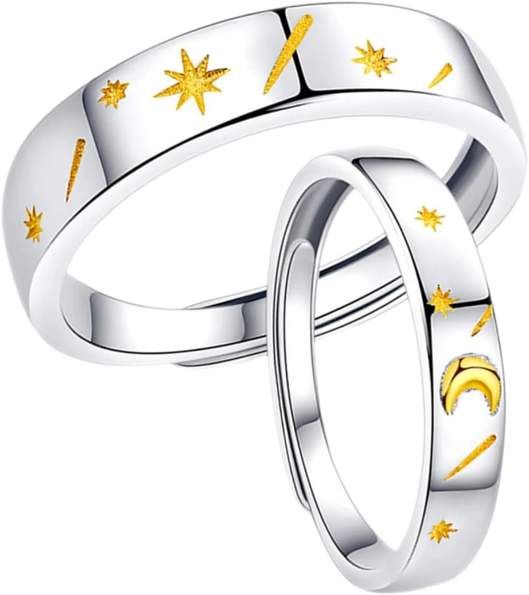2Pcs Minimalist Open Adjustable Couple Promise Rings Creative Moon and Star Design Valentine Day Present for Him and Her