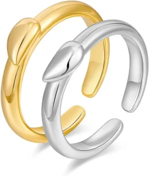 2pcs Two Tone Couple Rings Love Heart Rings Matching Rings Set Statement Open Adjustable Rings
