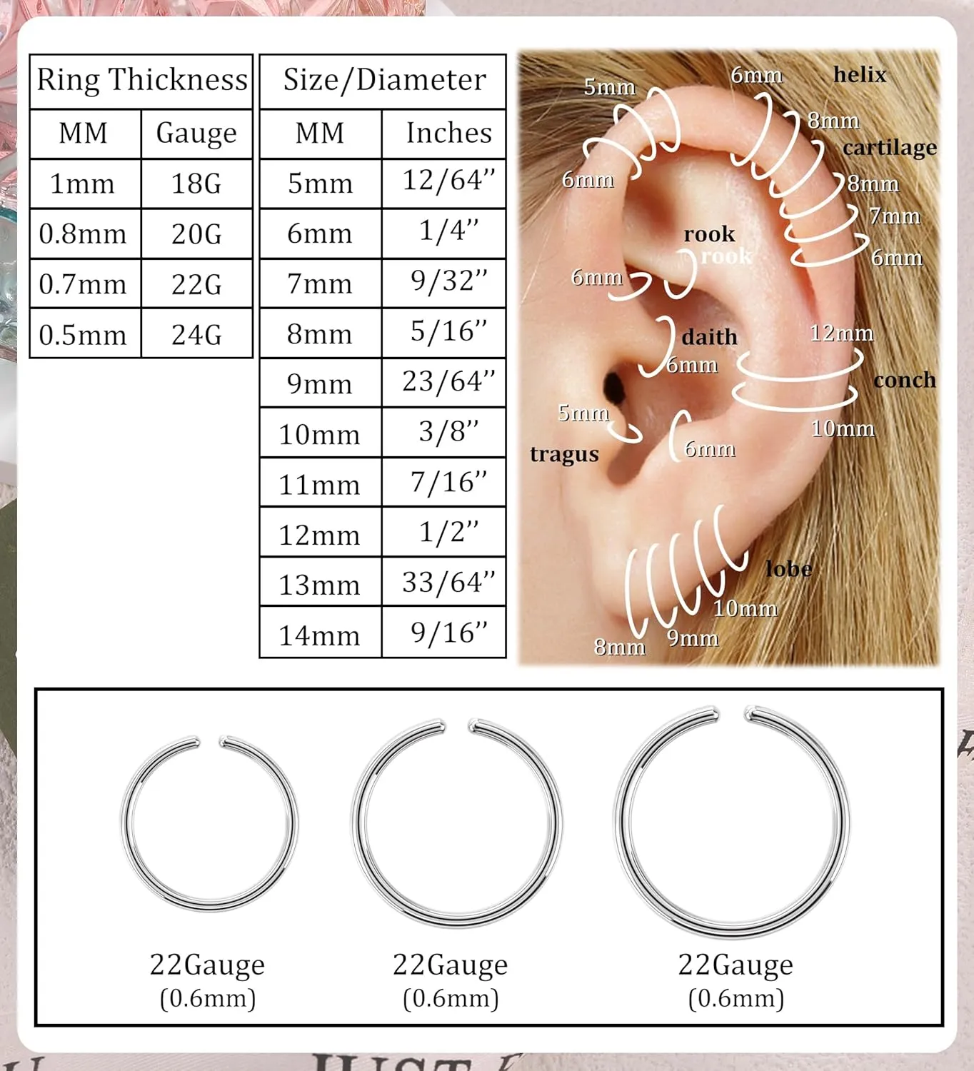 3 Pairs 14k Gold Plated Small Hoop Earrings Set for Women G23 Titanium Hypoallergenic Cartilage Nose Septum Helix Tragus Rings Multiple Piercing Jewelry 7mm 8mm 10mm Silver 22G