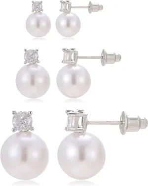 3 Pairs Pearl Stud Earrings Set Cubic Zirconia Pearl Earrings Wedding Earrings for Women Brides Jewelry Gift 6mm/8mm/10mm