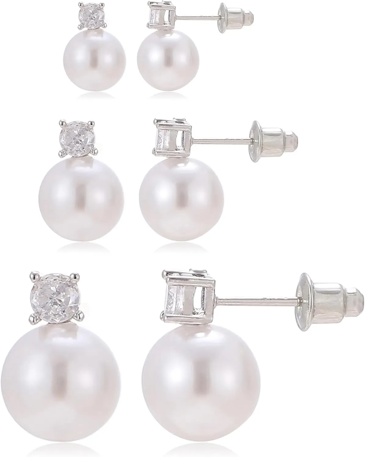 3 Pairs Pearl Stud Earrings Set Cubic Zirconia Pearl Earrings Wedding Earrings for Women Brides Jewelry Gift 6mm/8mm/10mm