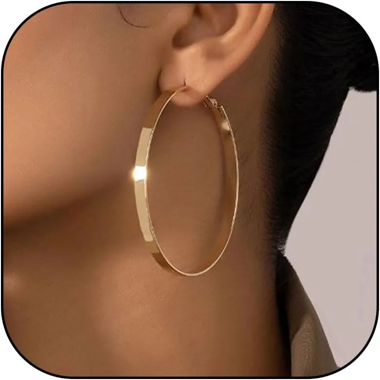 3mm Wide Hoop Earrings for Women Trendy 14k Gold Plated large gold hoop earrings chunky Thick big hoops earrings Lightweight huggie hoop earrings jewelry gift for girls 40/50/60mm