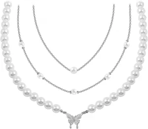 3Pcs Pearl Choker Necklace Set 18K Gold Plated Artificial Faux Pearl Necklaces for Women Dainty Butterfly Charm Cream White Pearl Chain Pendant Necklaces 6mm-10mm