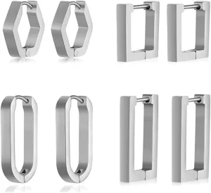 4 Pairs Geometric Hoop Earrings Minimalist Rectangle Square Hexagon Huggies Hoop Earrings for Women U Shaped Chunky Hoop Earrings Gold and Silver