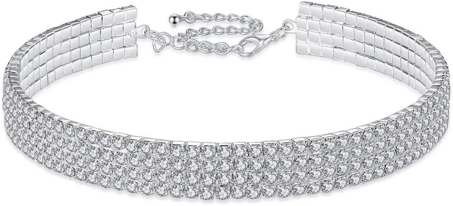 4 Row Rhinestone Choker Necklaces Silver Sparkling Diamond Choker Crystal Bracelet Rhinestone Necklace for Women Bridal Wedding Bridesmaid