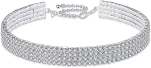 4 Row Rhinestone Choker Necklaces Silver Sparkling Diamond Choker Crystal Bracelet Rhinestone Necklace for Women Bridal Wedding Bridesmaid