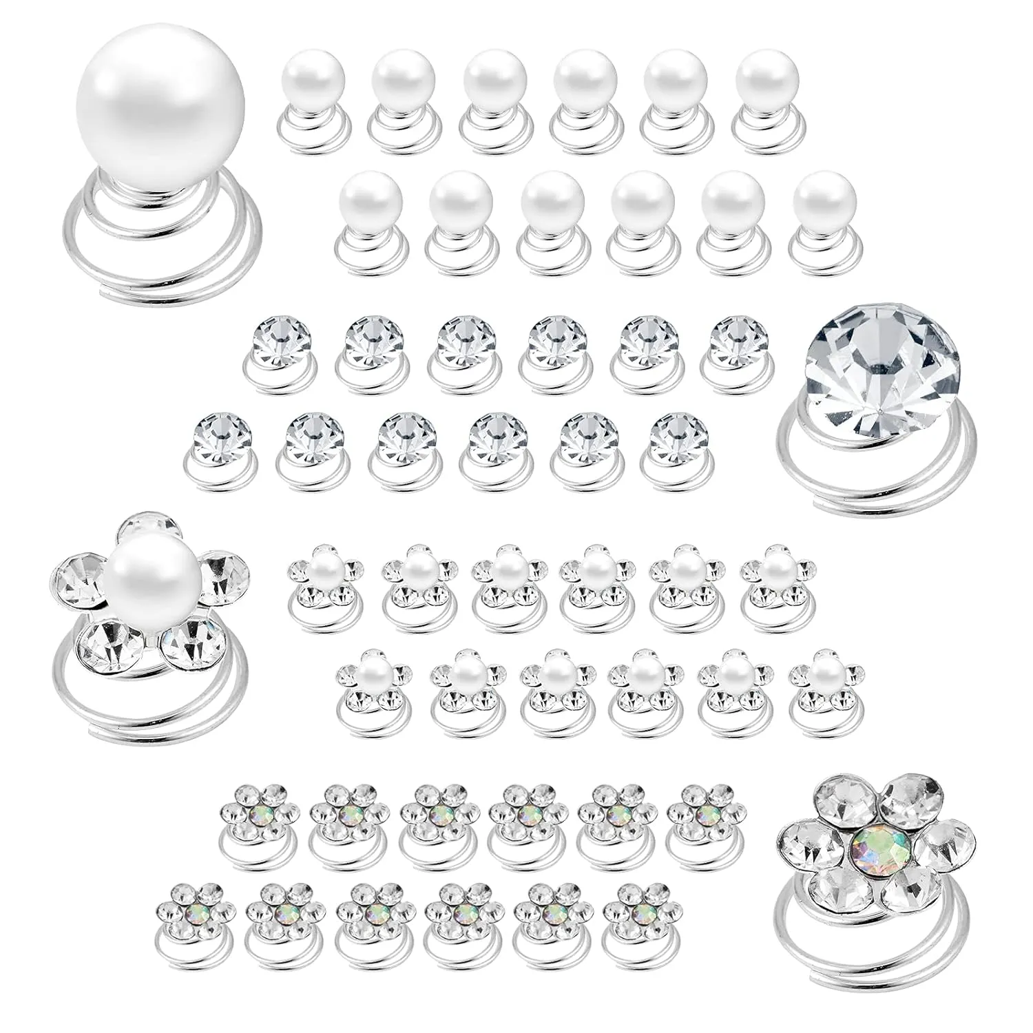 (48 Pcs,4 Styles) Pearl,Rhinestone Crystal Twisters Spiral Set Hair Pin Silver Coil for Wedding, Bridal, Prom, Party and Special Occasion with Clear Container