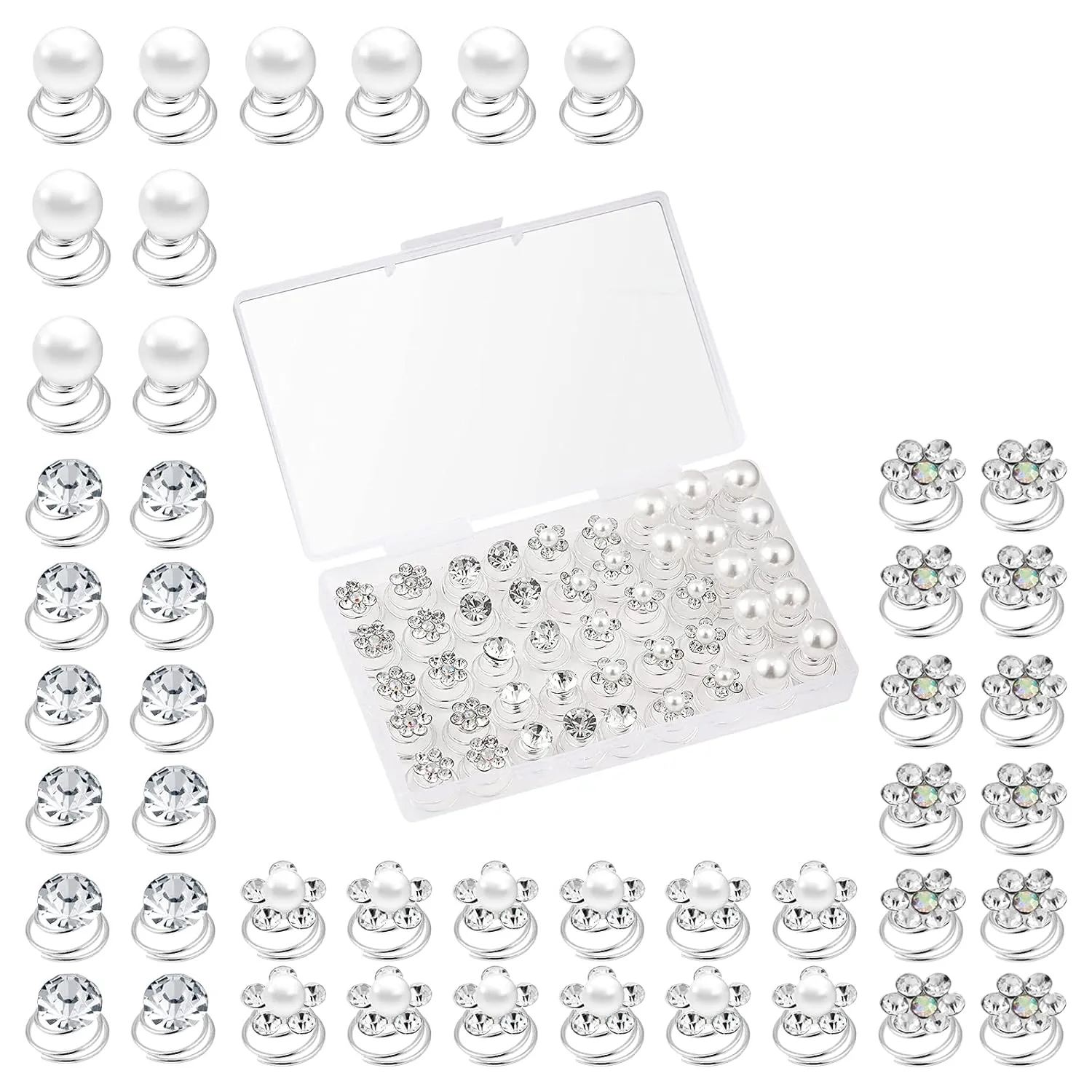 (48 Pcs,4 Styles) Pearl,Rhinestone Crystal Twisters Spiral Set Hair Pin Silver Coil for Wedding, Bridal, Prom, Party and Special Occasion with Clear Container