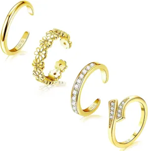 4PCS 14K Gold Filled Toe Rings for Women Adjustable Hug Flower Simple Band CZ Toe Ring Set Open Adjustable Toe Rings Summer Beach Foot Jewelry Set
