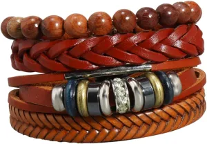 4pcs Handmade Braided Wrist Bands Bracelets Set for Men Women Fashion Leather Bead Bracelet Adjustable Wrist Rope