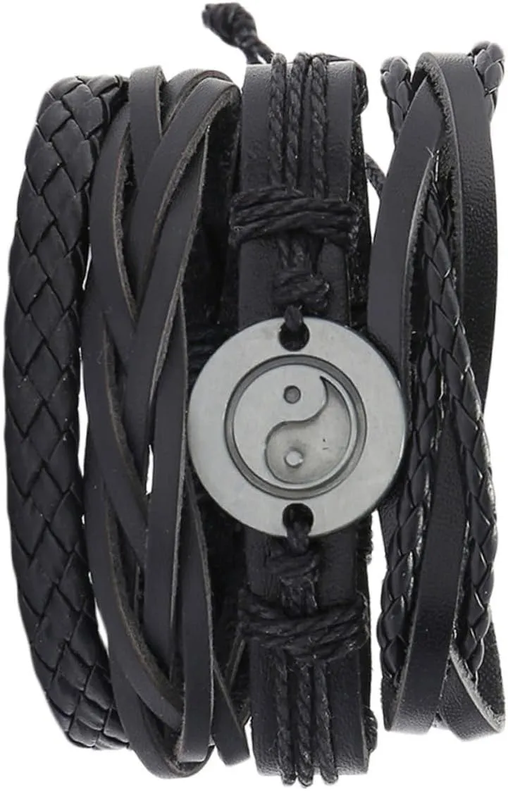 4pcs Leather Wrist Chian Hand Woven Bracelet Leather Bracelet Woven Wrist Chian Black