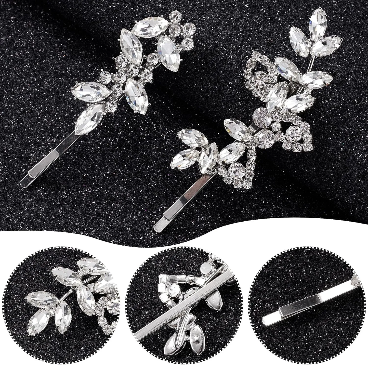4PCS Silver Rhinestones Hair Clips, Bridal Crystal Hair Pins, 2 Styles French Hairpins Alloy Leaf Shape Barrettes for Women, Girls for Wedding, Parties (2 Pairs)